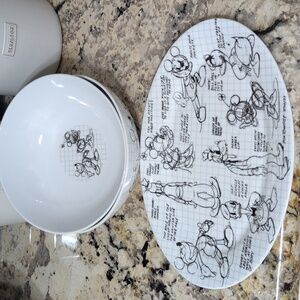 Disney Character Sketch Book Oval Plate in Black and White and Bowls